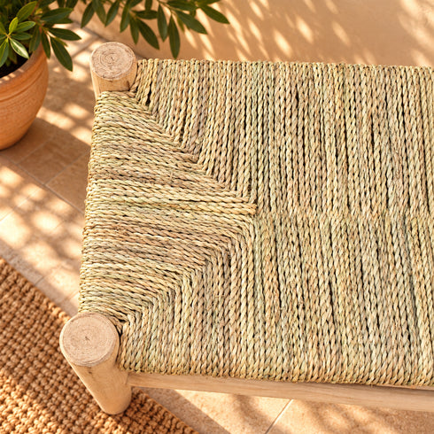 Handcrafted Moroccan Wooden Bench with Natural Woven Seagrass Seat and Lower Storage Shelf, Rustic Boho Entryway Home Decor
