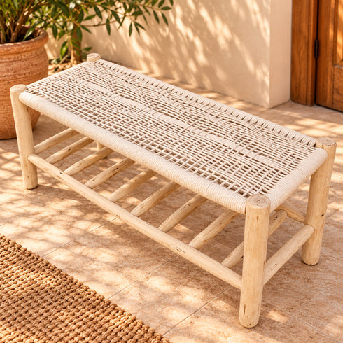 Handcrafted Moroccan Wooden Bench with Woven Rope Seat and Lower Storage Shelf, Rustic Boho Entryway Stool for Home Decor