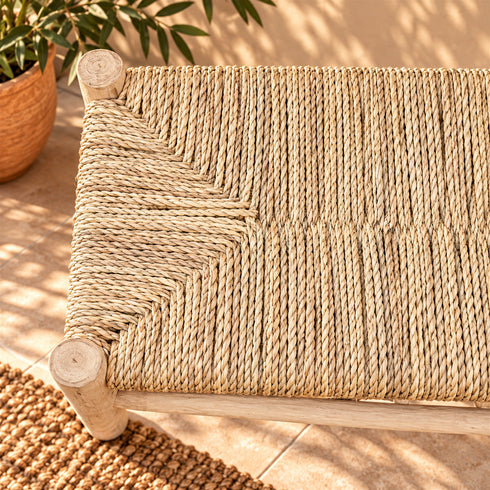Handcrafted Moroccan Wooden Bench with Natural Woven Seagrass Seat and Lower Storage Shelf, Rustic Boho Entryway Home Decor