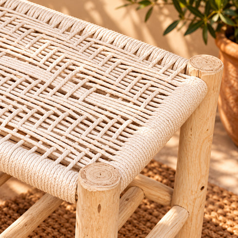 Handcrafted Moroccan Wooden Bench with Woven Rope Seat and Lower Storage Shelf, Rustic Boho Entryway Stool for Home Decor