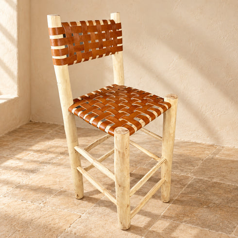 Handcrafted Moroccan Wooden Dining Chair with Cognac Woven Leather Seat and Backrest – Rustic Boho Artisan Chair
