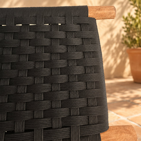 Handcrafted Moroccan Wooden Bench with Black Woven Seat, Rustic Boho Accent Stool for Entryway, Bedroom, Living Room or Patio Description