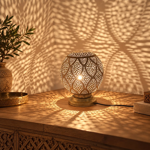Handcrafted Moroccan Brass Table Lamp – Pierced Metal Lantern with Warm Ambient Light & Decorative Shadow Patterns
