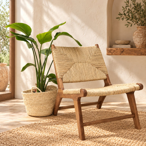 Handcrafted Moroccan Wooden Lounge Chair with Natural Woven Fiber Seat and Backrest, Rustic Boho Accent Chair for Home Decor Description