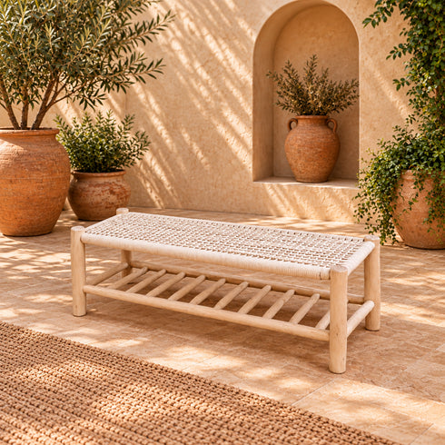 Handcrafted Moroccan Wooden Bench with Woven Rope Seat and Lower Storage Shelf, Rustic Boho Entryway Stool for Home Decor