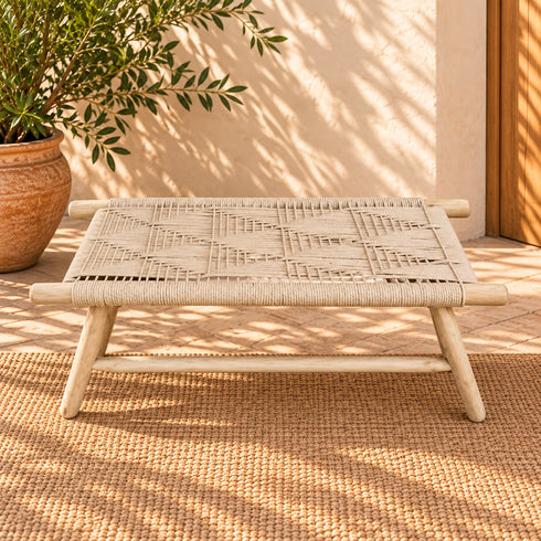 Handcrafted Moroccan Wooden Bench with Woven Rope Seat, Geometric Boho Design, Rustic Entryway and Home Decor Accent