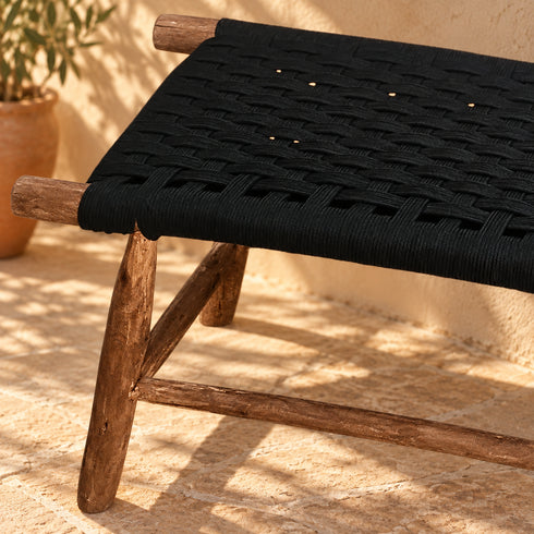 Handcrafted Moroccan Wooden Bench with Black Woven Seat, Rustic Boho Accent Stool for Entryway, Bedroom, Living Room or Patio Description
