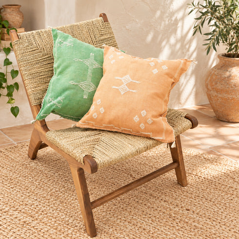 Handcrafted Moroccan Wooden Lounge Chair with Natural Woven Fiber Seat and Backrest, Rustic Boho Accent Chair for Home Decor Description