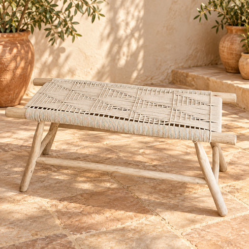 Handcrafted Moroccan Wooden Bench with Woven Rope Seat, Geometric Boho Design, Rustic Entryway and Home Decor Accent