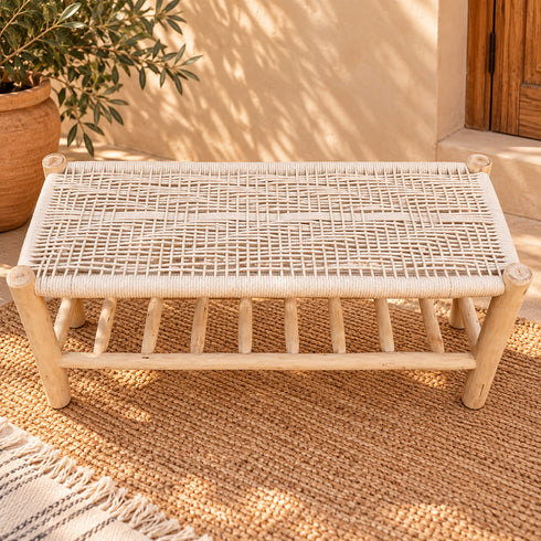 Handcrafted Moroccan Wooden Bench with Woven Rope Seat and Lower Storage Shelf, Rustic Boho Entryway Stool for Home Decor