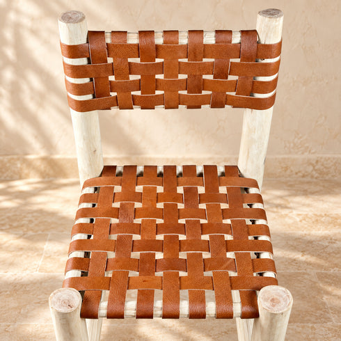Handcrafted Moroccan Wooden Dining Chair with Cognac Woven Leather Seat and Backrest – Rustic Boho Artisan Chair