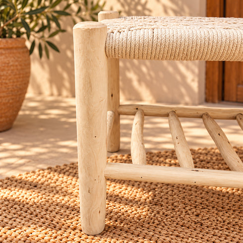 Handcrafted Moroccan Wooden Bench with Woven Rope Seat and Lower Storage Shelf, Rustic Boho Entryway Stool for Home Decor