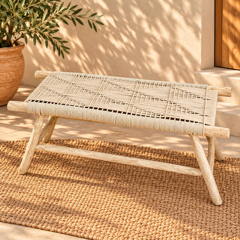 Handcrafted Moroccan Wooden Bench with Woven Rope Seat, Geometric Boho Design, Rustic Entryway and Home Decor Accent