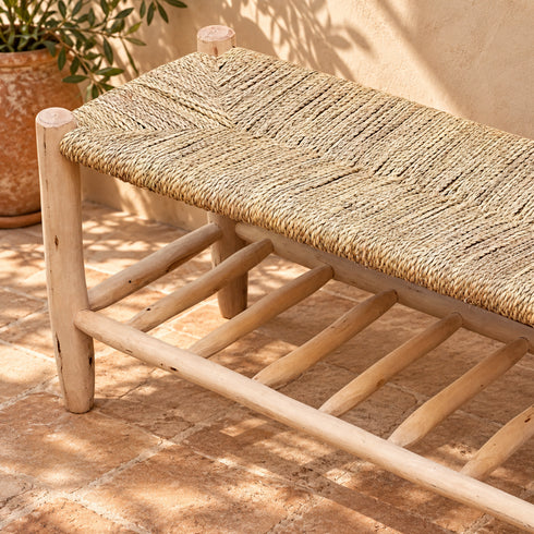 Handcrafted Moroccan Wooden Bench with Natural Woven Seagrass Seat and Lower Storage Shelf, Rustic Boho Entryway Home Decor