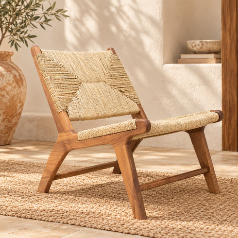 Handcrafted Moroccan Wooden Lounge Chair with Natural Woven Fiber Seat and Backrest, Rustic Boho Accent Chair for Home Decor Description