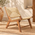 Handcrafted Moroccan Wooden Lounge Chair with Natural Woven Fiber Seat and Backrest, Rustic Boho Accent Chair for Home Decor Description