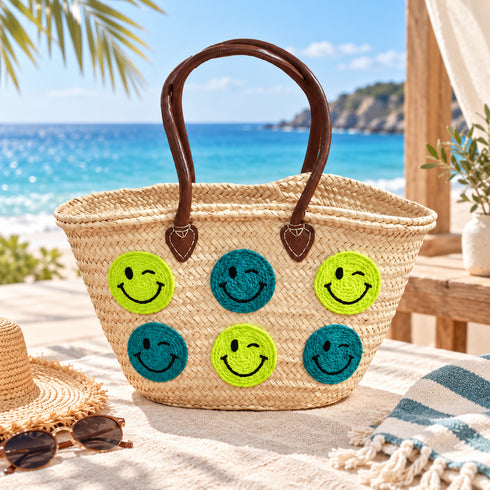 Handmade Moroccan Straw Basket Bag, Woven Smiley Face Beach Tote, Raffia Summer Market Bag, Boho Gift for Her