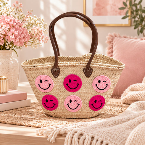 Handmade Moroccan Straw Basket Bag, Woven Smiley Face Beach Tote, Raffia Summer Market Bag, Boho Gift for Her