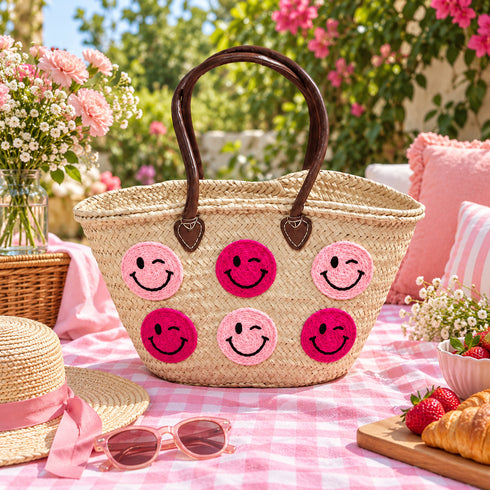 Handmade Moroccan Straw Basket Bag, Woven Smiley Face Beach Tote, Raffia Summer Market Bag, Boho Gift for Her