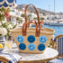 Handwoven Straw Basket Bag with Smiley Faces, Moroccan Raffia Beach Tote, Leather Handle Summer Market Bag