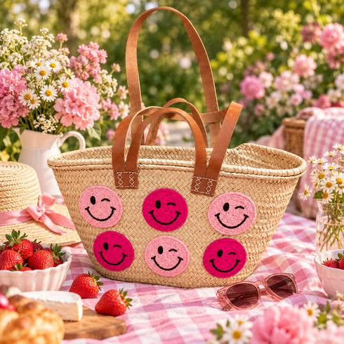 Handwoven Straw Basket Bag with Smiley Faces, Moroccan Raffia Beach Tote, Leather Handle Summer Market Bag
