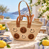 Handwoven Straw Basket Bag with Smiley Faces, Moroccan Raffia Beach Tote, Leather Handle Summer Market Bag