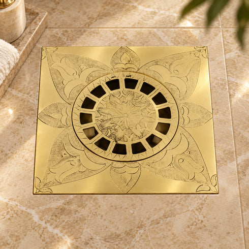 Hand Engraved Brass Square Floor Drain | Decorative Floral Shower Drain Cover