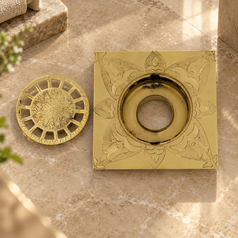 Hand Engraved Brass Square Floor Drain | Decorative Floral Shower Drain Cover