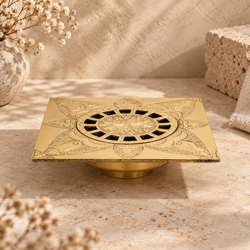 Hand Engraved Brass Square Floor Drain | Decorative Floral Shower Drain Cover
