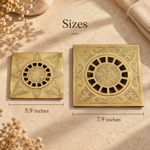 Hand Engraved Brass Square Floor Drain | Decorative Floral Shower Drain Cover