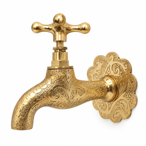 Hand-Engraved Moroccan Brass Wall Faucet with Decorative Rosette