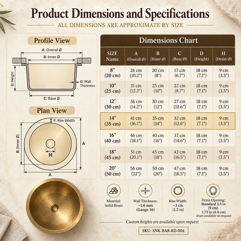 Hand-Hammered Solid Brass Round Sink – Moroccan Artisan Basin