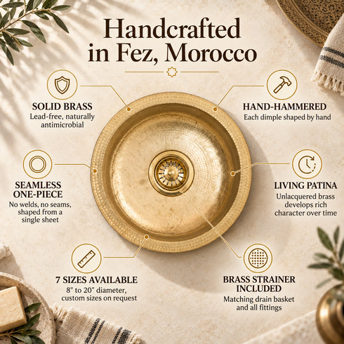 Hand-Hammered Solid Brass Round Sink – Moroccan Artisan Basin