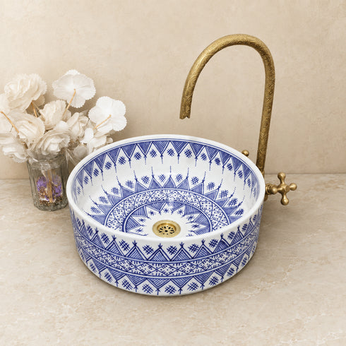 Hand-Painted Moroccan Blue Geometric Ceramic Vessel Sink