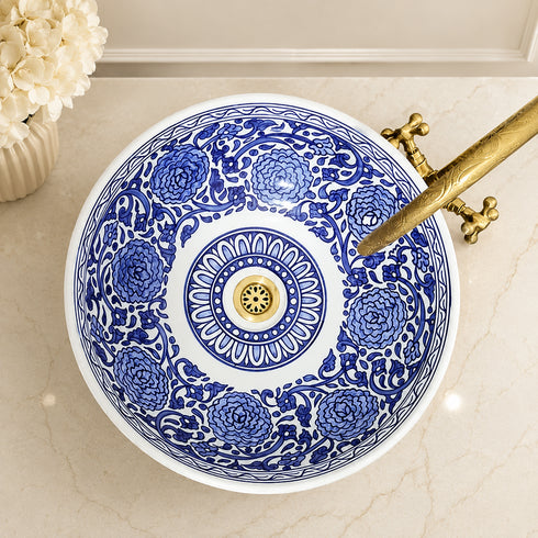 Hand-Painted Moroccan Blue & White Ceramic Vessel Sink