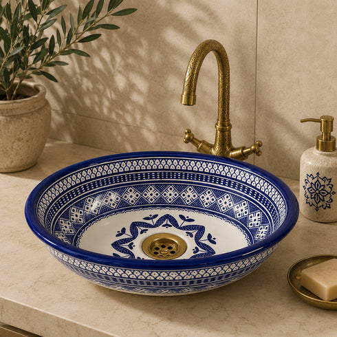 Hand-Painted Moroccan Ceramic Vessel Sink – Blue & White Oval Wash Basin
