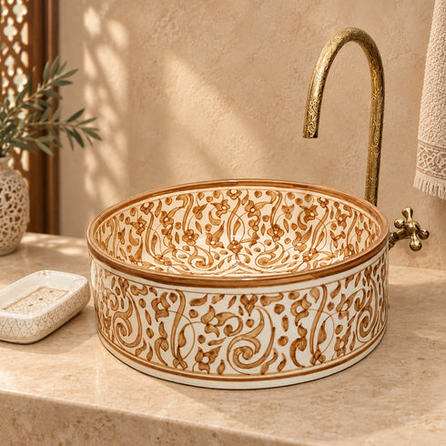 Hand-Painted Moroccan Ceramic Vessel Sink – Brown Floral Arabesque Design