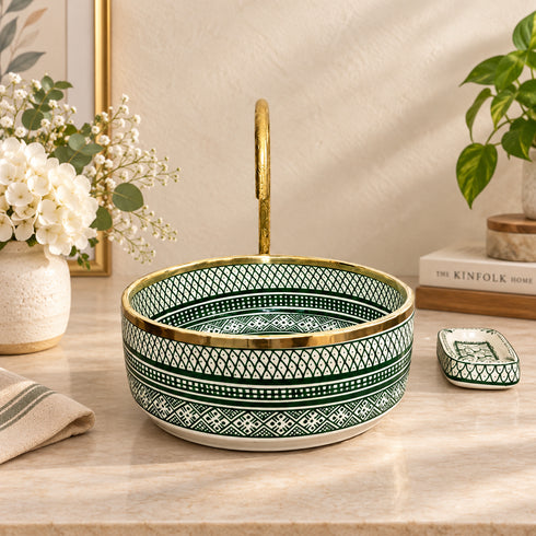 Hand-Painted Moroccan Ceramic Vessel Sink – Green & Brass
