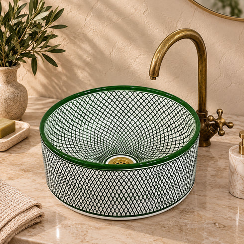 Hand-Painted Moroccan Ceramic Vessel Sink – Green Geometric Design