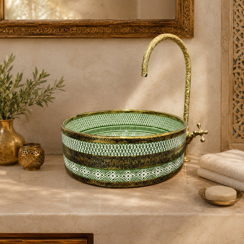 Hand-Painted Moroccan Ceramic Vessel Sink with Antique Brass Rim
