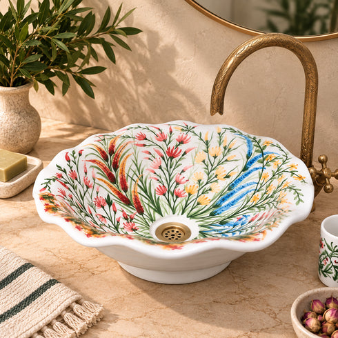 Hand-Painted Moroccan Floral Ceramic Vessel Sink – Scalloped Design
