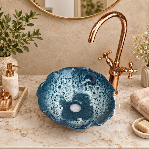 Handcrafted Blue Ceramic Vessel Sink with Hammered Copper Faucet