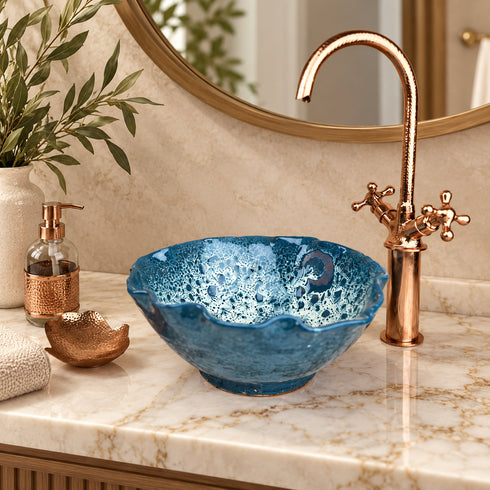Handcrafted Blue Ceramic Vessel Sink with Hammered Copper Faucet