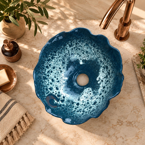 Handcrafted Blue Ceramic Vessel Sink with Hammered Copper Faucet
