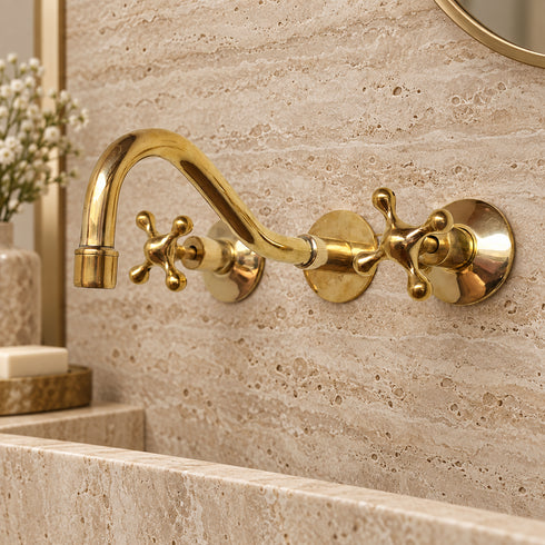 Handcrafted Brass Wall-Mounted Faucet with Classic Cross Handles