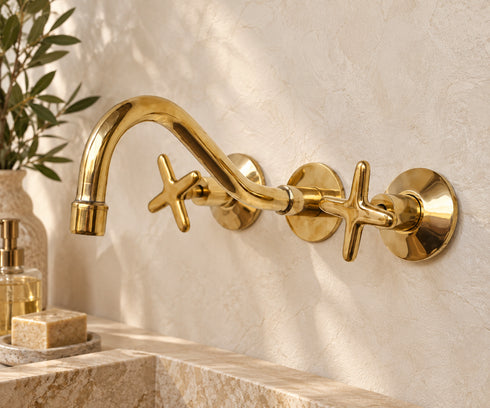 Handcrafted Brass Wall-Mounted Faucet with Classic Cross Handles