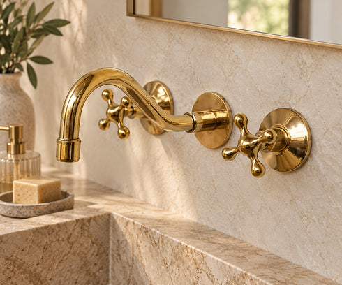 Handcrafted Brass Wall-Mounted Faucet with Classic Cross Handles