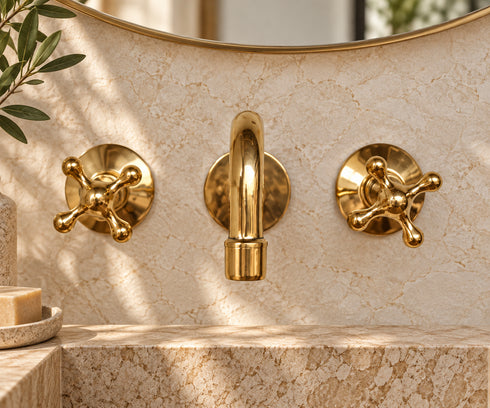 Handcrafted Brass Wall-Mounted Faucet with Classic Cross Handles