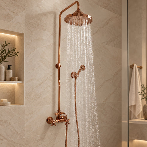 Handcrafted Copper Rain Shower System with Handheld Shower