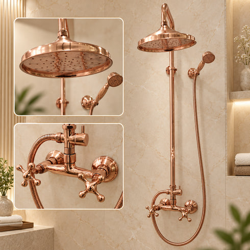 Handcrafted Copper Rain Shower System with Handheld Shower